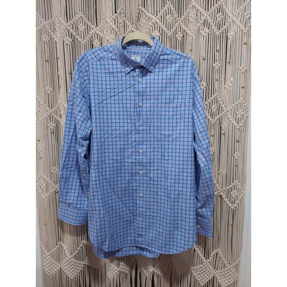 David Donahue Men's Dress Shirt Blue Red Plaid Size XL Long Sleeve Button Down